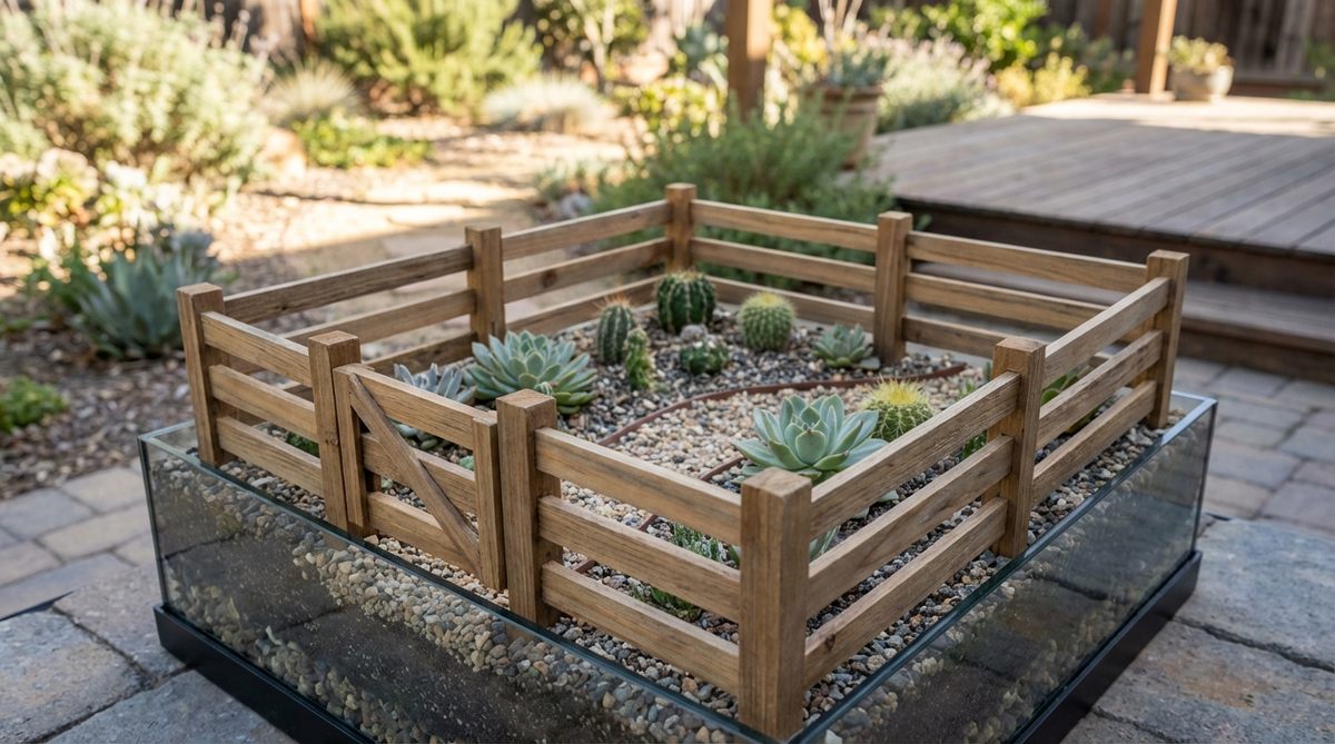 A classic ranch-style mini garden fence with horizontal boards attached to vertical posts, creating clear boundaries for miniature garden rooms in terrariums. The solid construction blocks sightlines for surprise reveals, suitable for succulent gardens, desert themes, cottage or formal styles with natural or painted finishes.