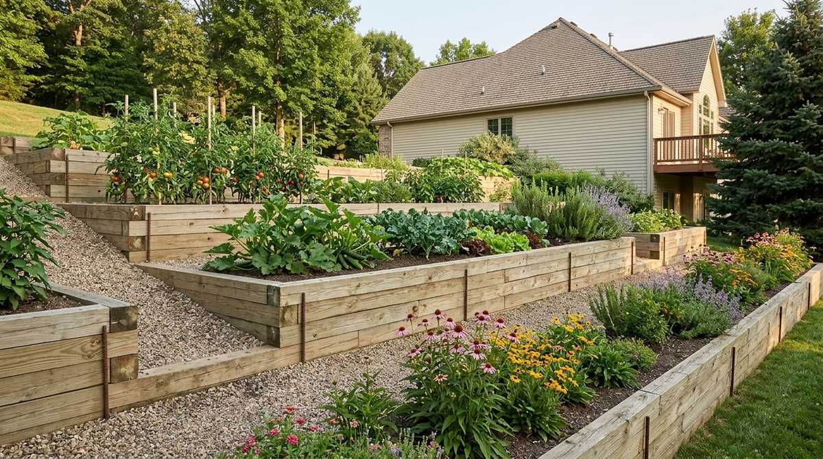 A terraced garden created with pressure-treated landscape timbers stacked in a running bond pattern, showing proper anchoring with rebar stakes and gravel backfill for drainage. The retaining wall transforms a sloped property into productive planting areas while controlling erosion.