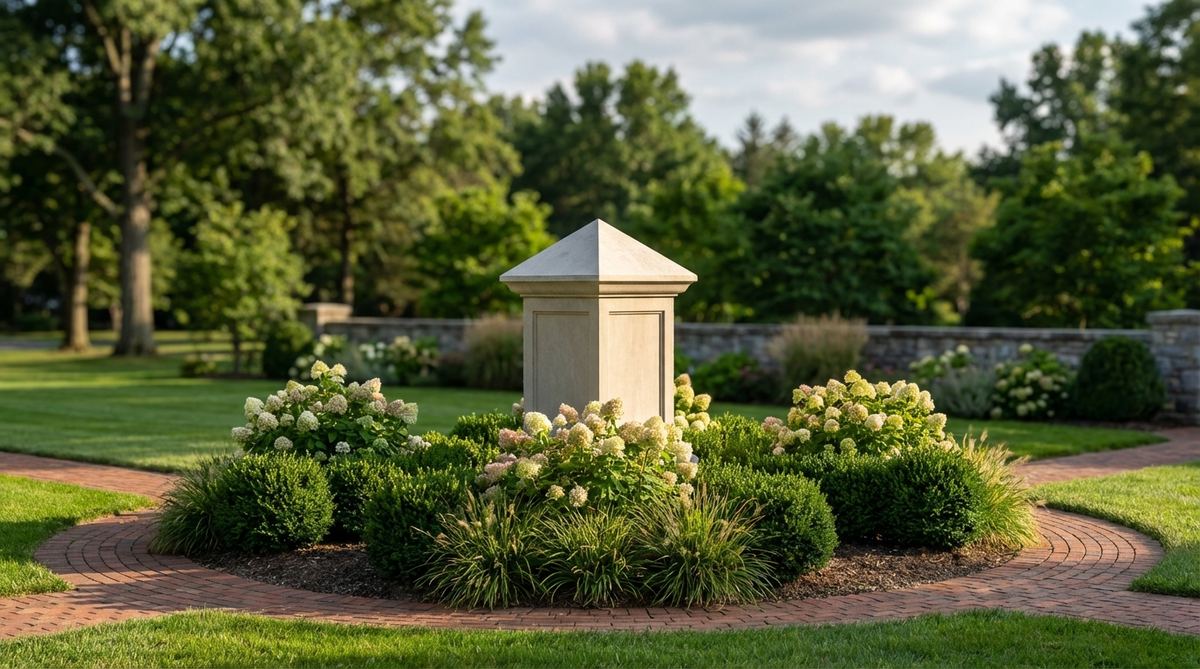 A miniature pyramid-topped limestone monument blending ancient Egyptian pyramidion design with European garden tradition. The crisp-edged pyramidion cap catches light from different angles throughout the day, positioned at the center of a circular planting bed for multi-angle viewing.