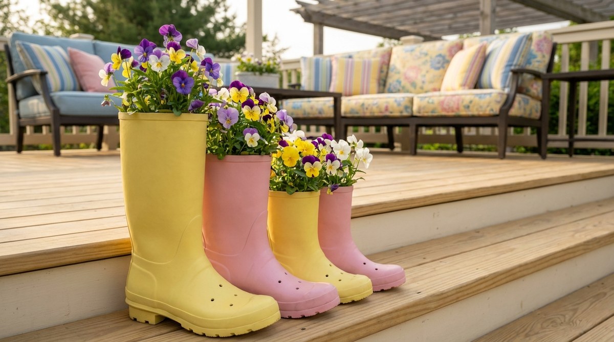 A colorful outdoor decor setup featuring a trio of lemon yellow and soft pink rubber rain boots used as planters, filled with vibrant pansies. The boots are arranged in descending height order on porch steps, creating a rhythmic progression. This whimsical and functional spring decoration includes drilled drainage holes in each sole for proper plant care, with boot colors chosen to complement cushion fabrics for a cohesive design.