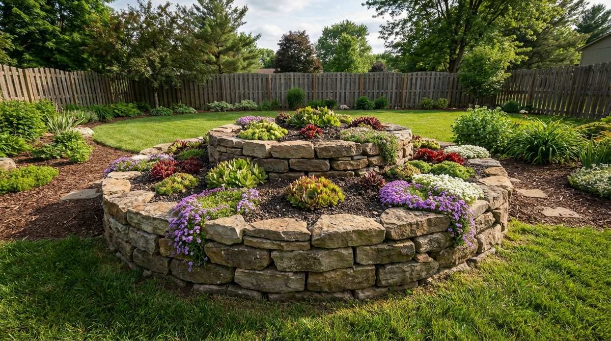 A raised bed hybrid rockery featuring low stone walls built without mortar, filled with alpine planting mix and planting pockets for sempervivums and rock cress, designed to improve drainage and bring plants closer to eye level in flat gardens.