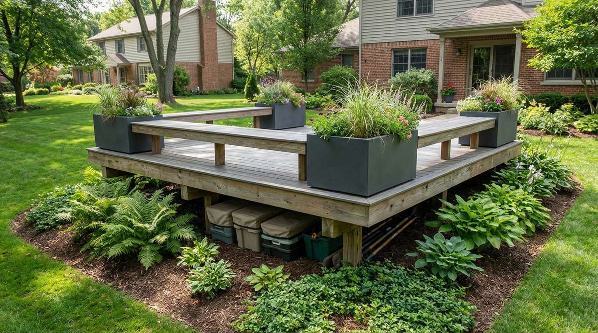A raised deck platform elevated 18-24 inches above grade, creating defined outdoor living space with ground-level planting areas underneath. The deck features matching planters, integrated bench seating, and utilizes the underneath space for shade-tolerant plants or covered storage, changing how occupants experience the yard.