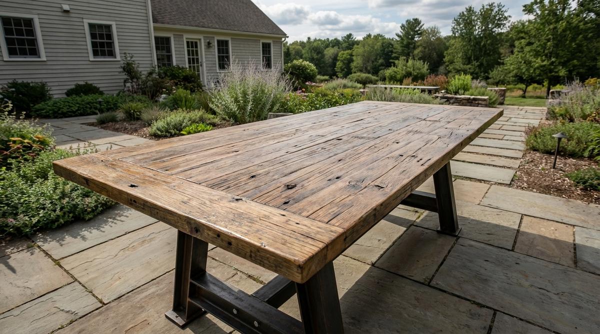 A modern garden table featuring reclaimed wood planks with authentic weathering and character marks, paired with an industrial steel base. The unique grain patterns and natural imperfections contrast beautifully, adding designer sophistication to rustic garden settings. Protected with marine-grade sealant for durability against moisture while preserving the aged appearance.
