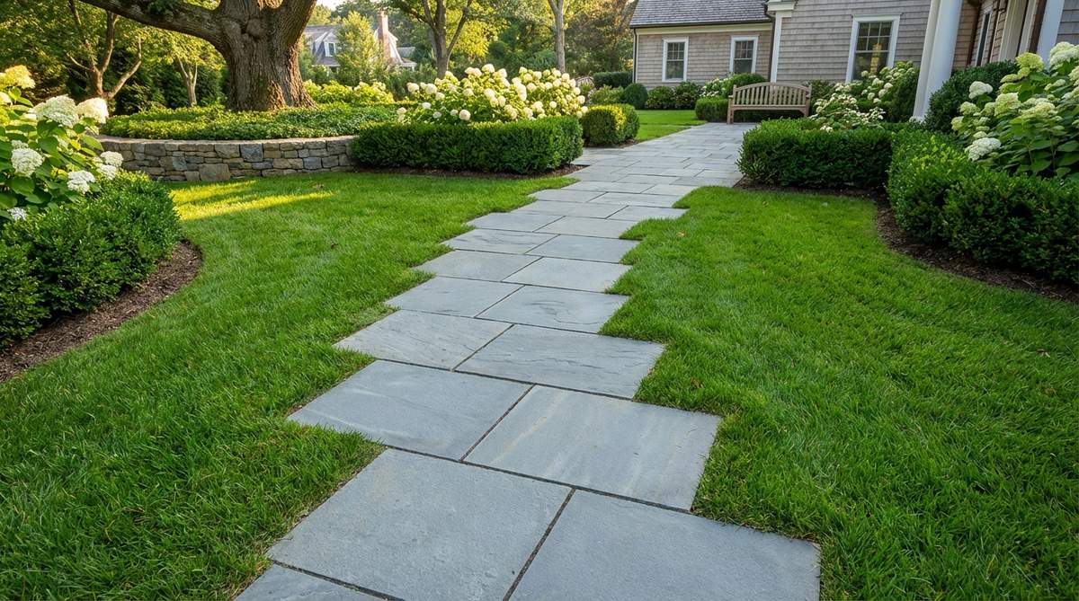 A formal garden pathway featuring uniform rectangular bluestone stepping stones arranged in an offset or running bond pattern. The 12x24-inch bluestone rectangles are staggered by half their length, creating a sophisticated 24-inch wide walkway. The natural blue-gray tones of the bluestone contrast beautifully with the surrounding green turf, providing a cool surface for summer garden strolls.