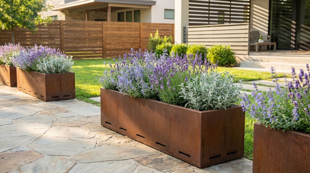 Long rectangular planters in weathered steel measuring 48-72 inches in length, ideal for defining edges along walkways or dividing patio zones. Planted with lavender, catmint, or ornamental sage for cohesive visual flow, these troughs emphasize horizontal lines in modern architecture with built-in drainage systems to prevent waterlogging.