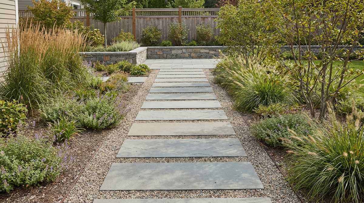 A modern garden pathway made of rectangular stone slabs, such as bluestone or limestone, arranged in a straight, linear pattern to guide movement and create visual continuity in outdoor spaces.