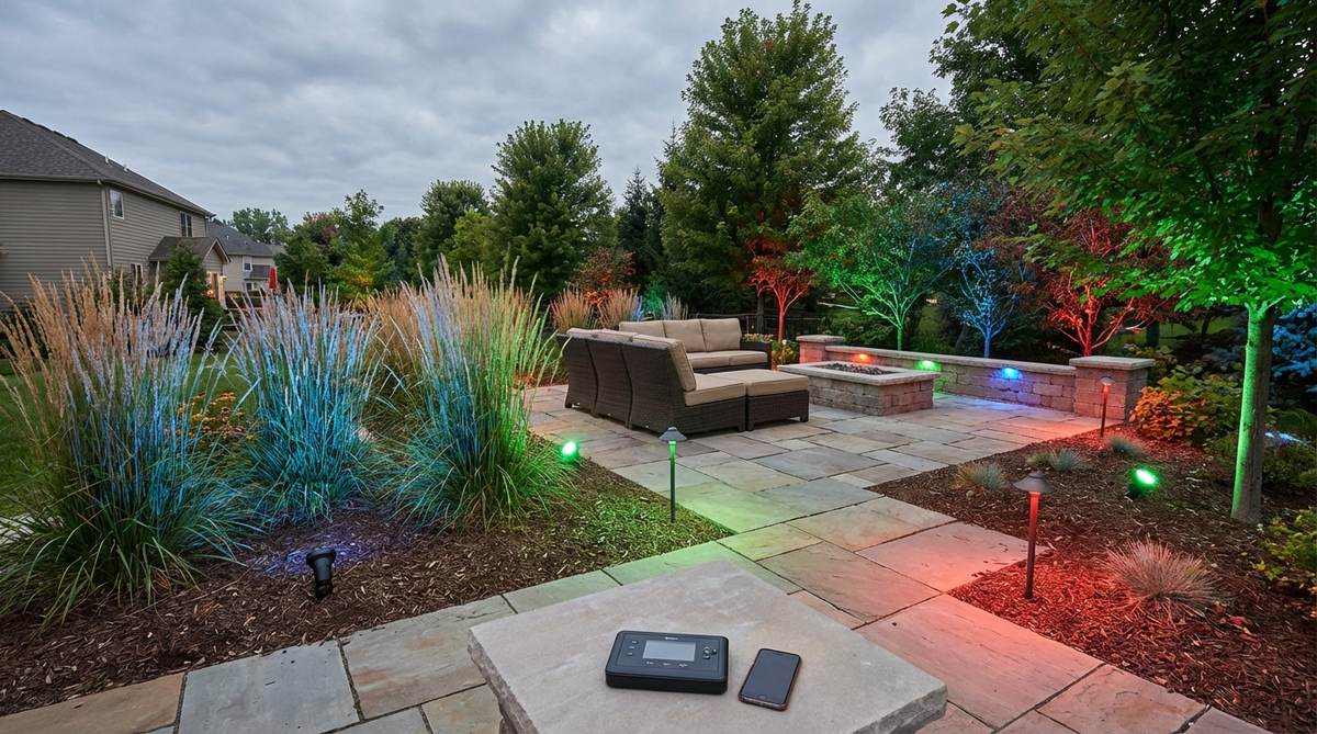 An image showcasing RGB color-changing uplights in a modern garden setting, featuring multi-color LED arrays that allow dynamic color shifts for seasonal themes or special events. The uplights demonstrate how red, green, and blue diodes mix to produce millions of color combinations, programmable via DMX controllers or smartphone apps for synchronized displays. Ideal for creating vibrant holiday displays or warm everyday illumination, these fixtures enhance garden versatility without the need for separate seasonal installations.