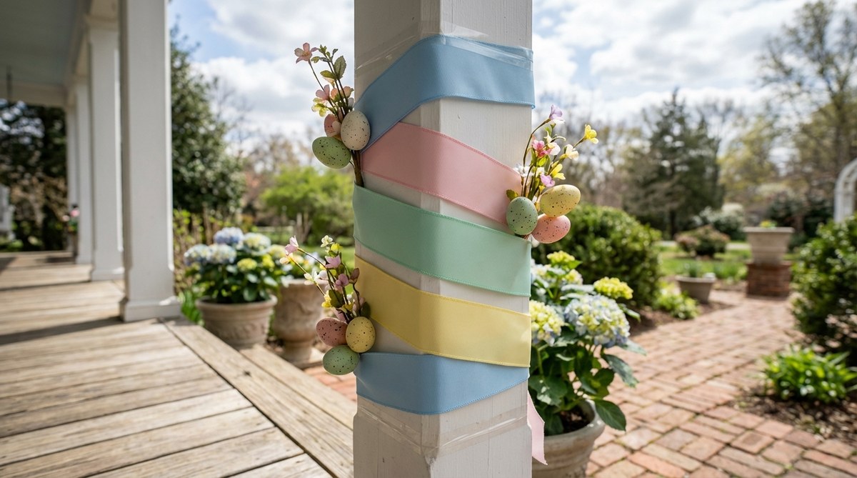 A close-up photo showing pastel grosgrain ribbons wrapped in a spiral pattern around a white porch column for Easter decoration. Small artificial eggs and floral picks are attached along the ribbon path, secured with clear adhesive strips at the top and bottom. The outdoor decor features wire-edged ribbons for weather resistance and easy shaping.