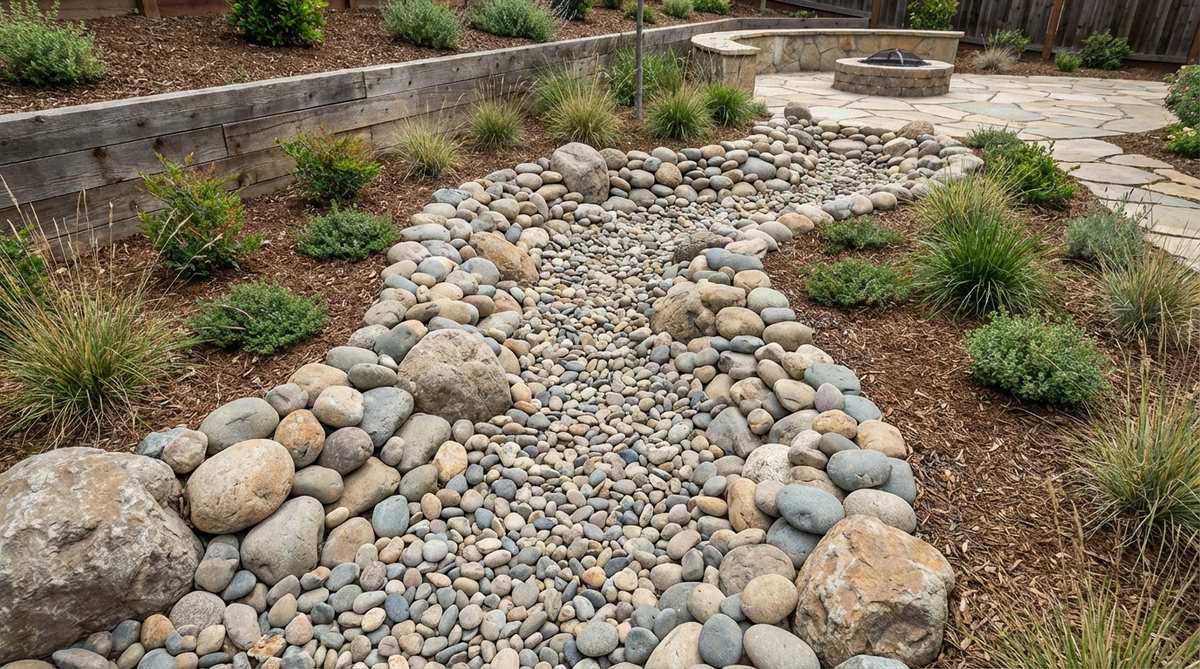 A minimalist garden feature showcasing a dry creek bed made with smooth river rocks in graduated sizes, arranged to mimic natural water channels with larger stones along edges and smaller rocks in the center, designed to add visual interest and solve drainage issues while maintaining cohesion with a single color family.