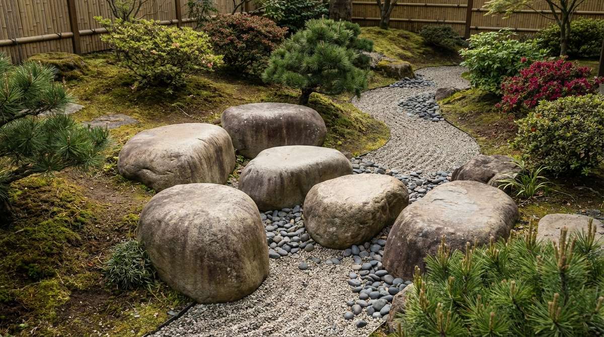 A cluster of 5-7 smooth river stones arranged to form an informal seating area in a Japanese garden, with rounded tops providing distinct seating options for individuals or small groups, set beside a dry streambed to echo water symbolism.