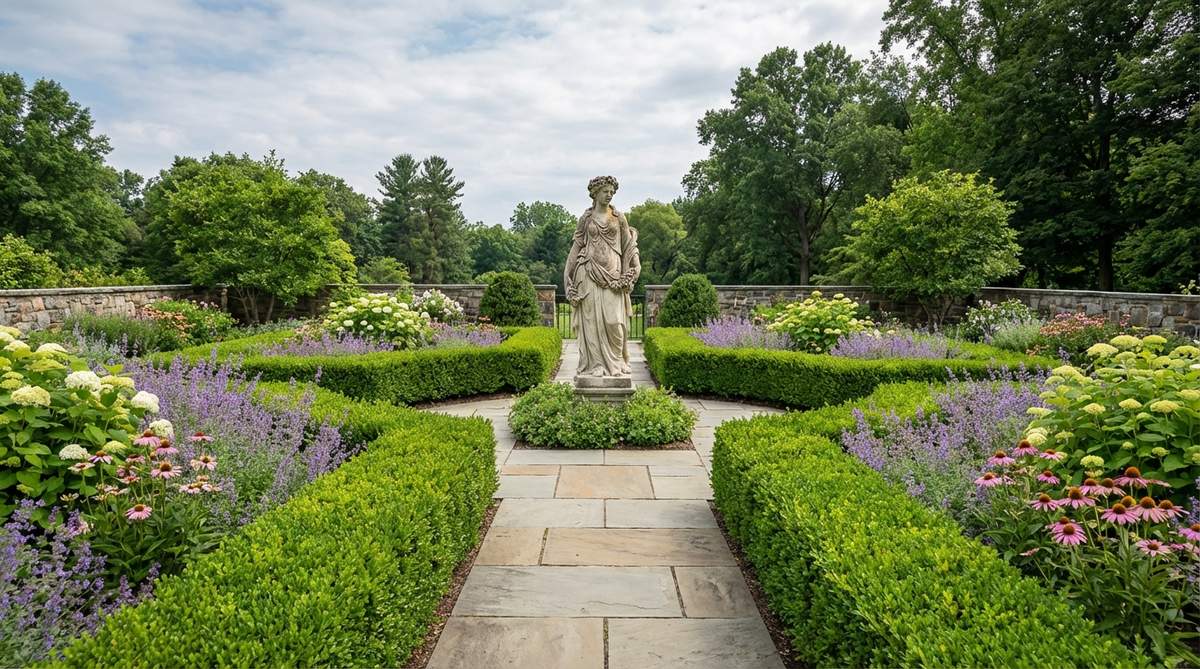 A life-size stone statue of Flora, the Roman goddess of flowers and spring, depicted with flowing robes and a floral wreath. This commanding garden centerpiece is positioned at the terminus of a central axis within a formal garden layout, adding vertical height that complements surrounding perennial plantings.