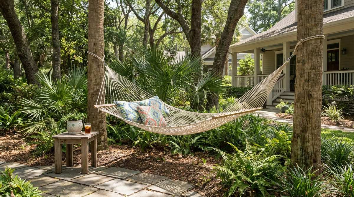 A traditional cotton rope hammock suspended between palm posts, featuring hand-woven cream tones and weather-resistant tropical pillows, creating a coastal relaxation zone in a shaded garden area.