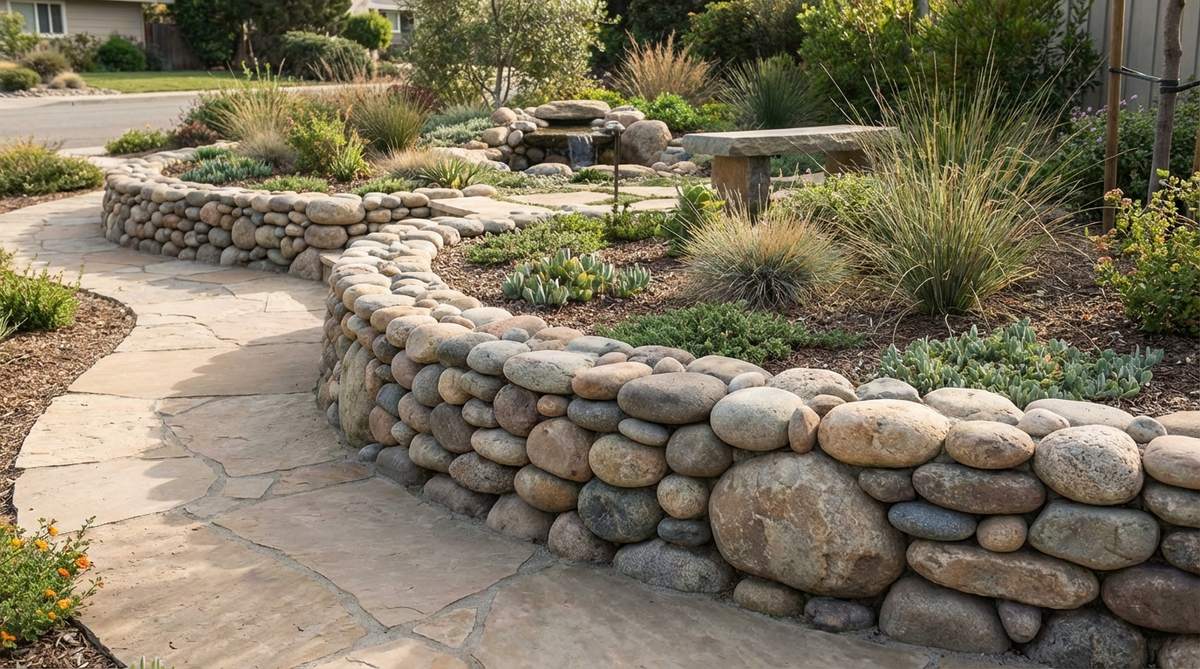 A decorative low garden wall constructed with smooth, rounded river rocks in graduating sizes, creating naturally flowing curves. The polished stones are arranged with smaller stones filling voids between larger ones, forming a soft boundary under 24 inches tall, ideal for coastal gardens, water features, or pathway edging.
