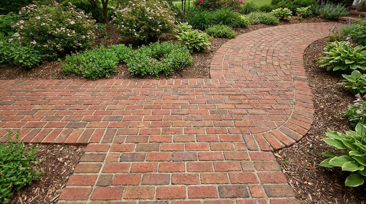 A close-up view of a running bond brick pattern in a garden setting, showing staggered brick courses with each row offset by half a brick length. The pattern demonstrates traditional wall construction adapted for landscape use, with continuous horizontal lines that visually elongate narrow spaces. Bricks are shown in both straight and gently curved applications, highlighting the pattern's versatility for formal estate gardens and casual backyard renovations without requiring custom cutting.