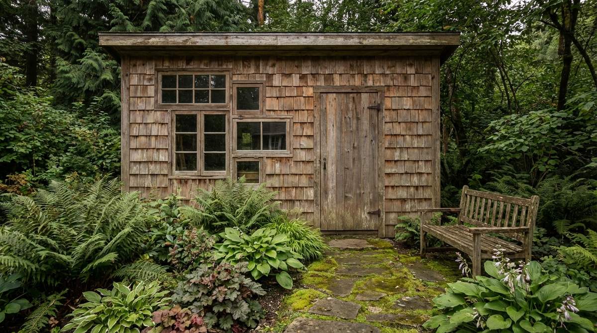 A cozy garden shed with hand-split cedar shake walls that weather to warm honey and silver tones, featuring salvaged windows of varying sizes arranged asymmetrically, surrounded by native ferns and shade perennials to create a woodland retreat atmosphere.