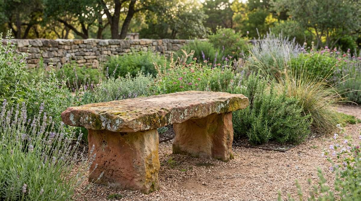 A rustic sandstone garden bench featuring natural irregular edges and earthy red, tan, and ochre hues. This bench complements cottage gardens and xeriscape designs, with a porous texture that develops attractive patina over time as lichens and moss colonize the surface.