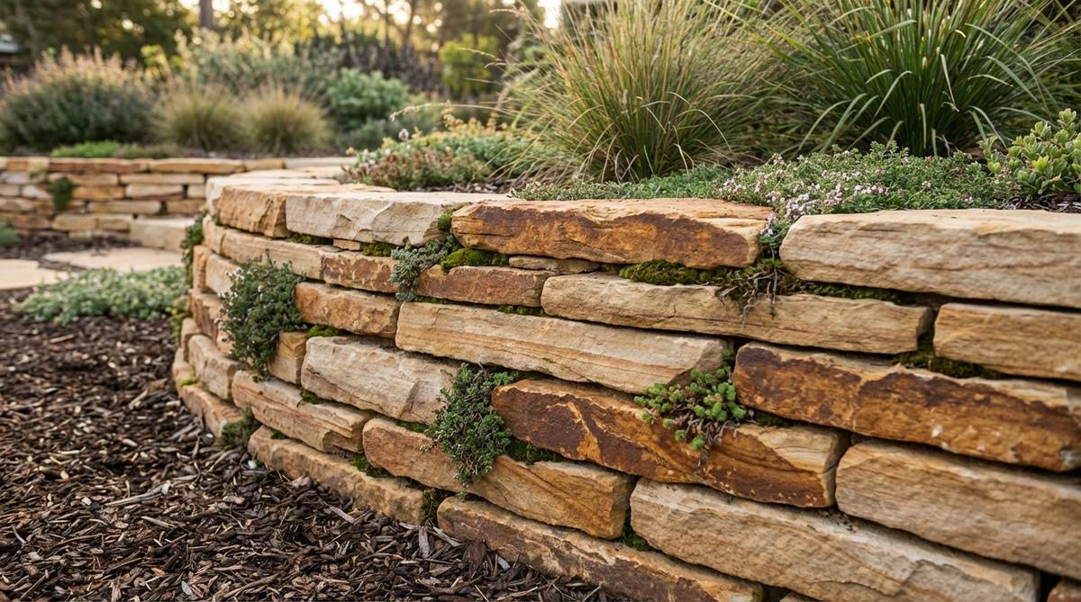 A close-up view of a small garden retaining wall featuring sandstone ledgestone facing, showing the horizontal stacking of flat sandstone pieces that create distinct linear patterns. The warm earthy tones range from buff to rust, adding natural color variation. The textured surface catches the light beautifully, and the construction method combines a reinforced concrete block core with sandstone veneer attached using masonry adhesive, ideal for northern climates with harsh winters due to sandstone's natural resistance to freeze-thaw cycles.