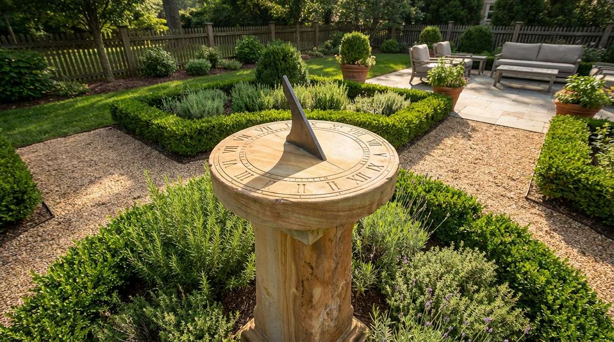 A functional sandstone sundial mounted on a central pedestal in a garden, showing warm buff and ochre tones that complement Mediterranean or English garden styles. It is positioned with proper southern orientation for accurate shadow casting, with engraved latitude-specific hour markers, anchoring a herb or formal knot garden with historical authenticity.