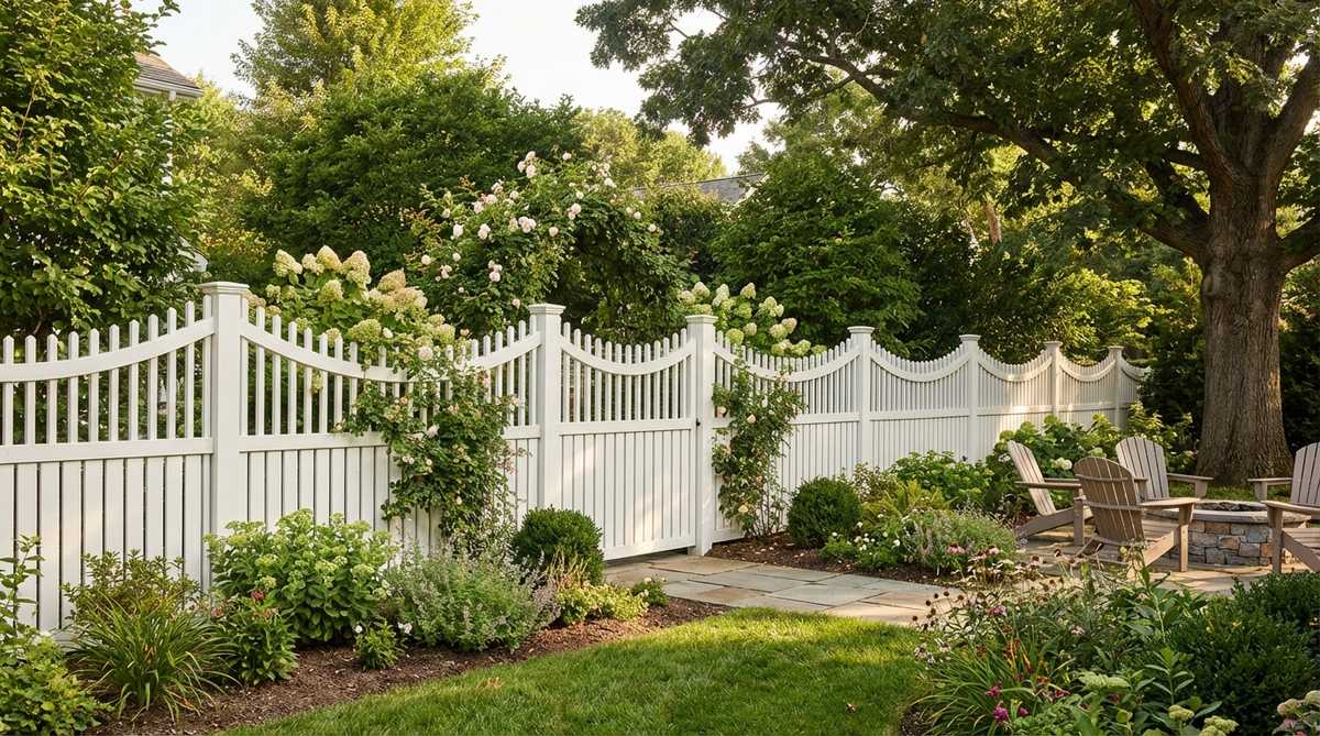 A classic scalloped top vertical picket fence with curved concave or convex profiles that soften the linear severity of vertical boards. The undulating rhythm creates graceful horizontal movement across the fence line, complementing cottage and traditional garden styles while maintaining full-height privacy in the lower sections.