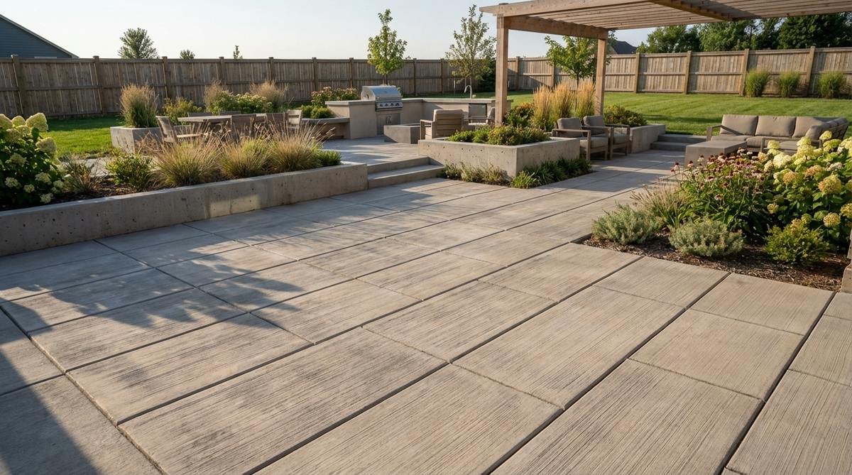 A modern garden design featuring poured concrete scored to resemble large-format tiles, creating geometric shadow lines with 1/8 to 1/4 inch depth. This durable, cost-effective alternative to individual pavers offers monolithic construction with refined detail, sealed to protect against staining and weathering.