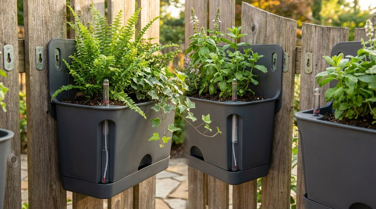A close-up image of self-watering wall planters mounted on a garden wall, showcasing their dual-chamber design with a visible water level indicator. The planters feature lush green plants thriving with minimal watering, illustrating the capillary action system that reduces maintenance to once weekly. Keyhole brackets allow for easy mounting and removal, making them ideal for seasonal garden decor updates.