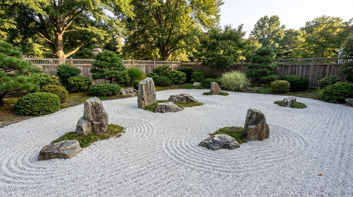 A Japanese stone garden featuring seven stones of varied sizes arranged like islands in an archipelago, emerging from a sea of white gravel. The gravel is raked in parallel lines to represent ocean swells, with circular patterns around each stone cluster suggesting waves breaking against shores. This layout emphasizes isolation and contemplation, ideal for larger spaces.
