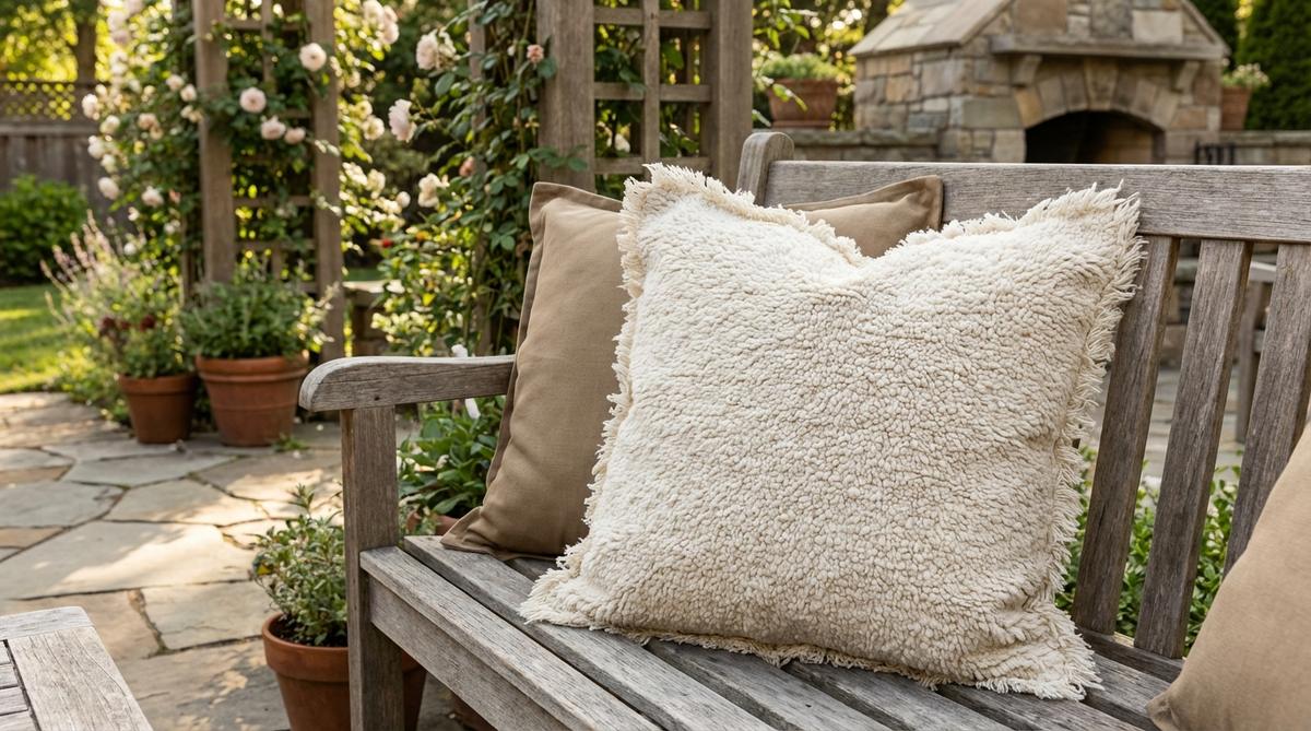 A boho decor pillow featuring shaggy cotton fabric with deliberately frayed edges and a nubby surface texture, creating an undone, casual aesthetic. The raw edge detail adds an authentic, artisan-crafted look, perfect for layering with smoother fabrics to create contrast in pillow arrangements. The textured surface hides minor outdoor dirt between cleanings while adding substantial visual interest to any space.