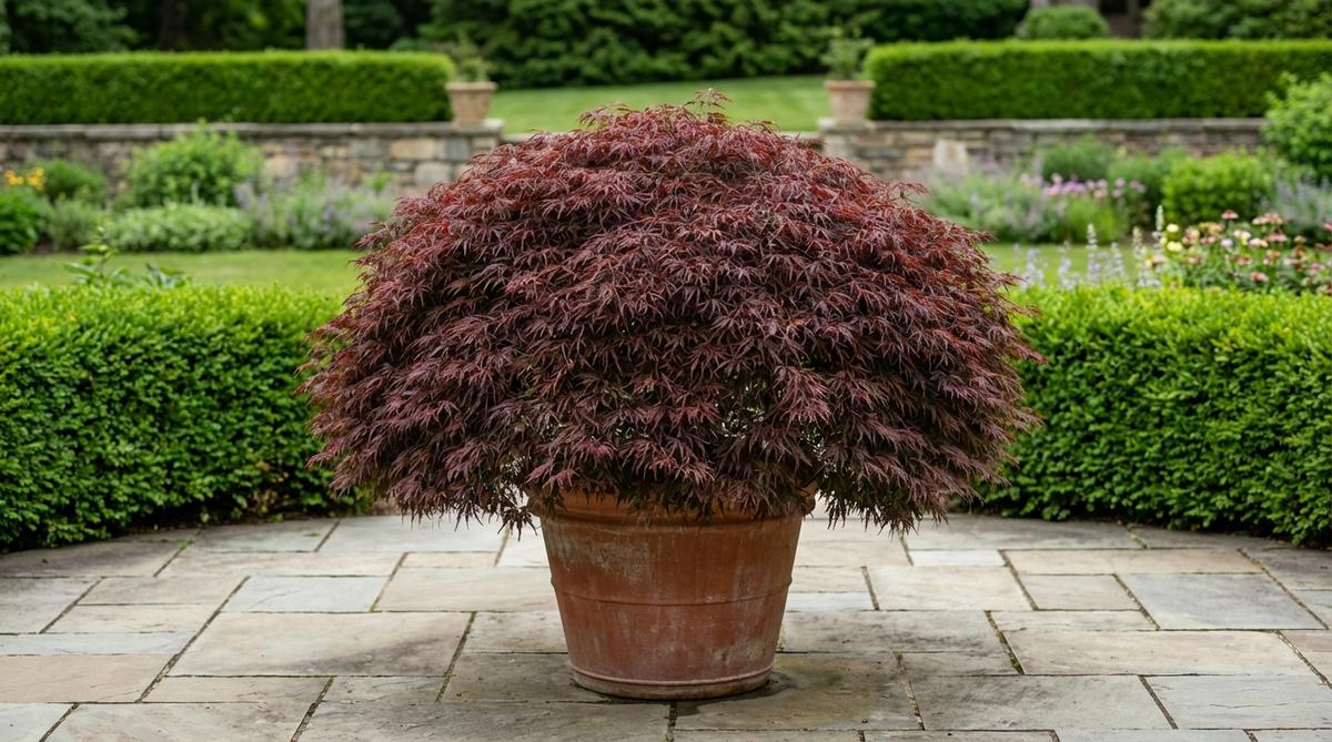 A close-up photo of a Shaina Japanese Maple, a dwarf red cultivar with a tight, rounded form, ideal for small gardens and formal container arrangements. The leaves display bright crimson in spring, deepening to mahogany by midsummer, set against a backdrop of a well-maintained garden or terrace.