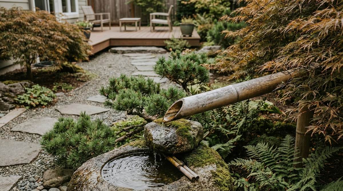 A traditional Japanese bamboo fountain called Shishi-Odoshi, featuring a hollow bamboo tube on a pivot that fills with water and tips forward to strike a rock, creating a rhythmic clacking sound. This garden element, originally designed to scare deer, now serves as a meditative accent in Japanese garden design, promoting mindfulness and present-moment awareness during contemplation.