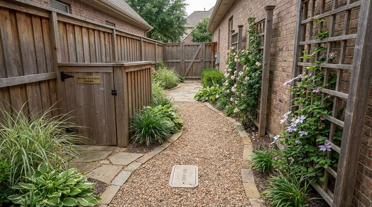 A functional gravel pathway in a narrow side yard corridor, designed to conceal utilities and provide service access with proper drainage and durable materials.