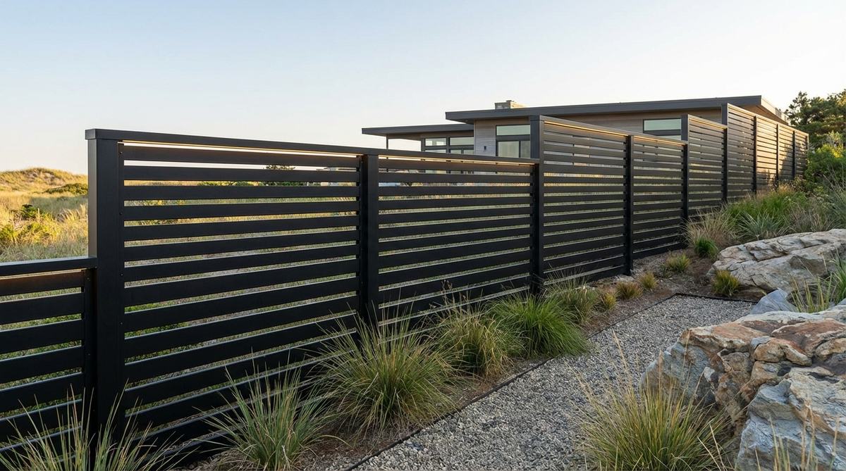 A modern garden decor fence featuring sleek, powder-coated aluminum slats installed horizontally, offering corrosion resistance for coastal properties. The slats are spaced 1-2 inches apart for semi-privacy, preserving views while screening ground-level activity. Integrated LED strip lighting within the top rails provides evening ambiance, and the system accommodates slopes and grade changes with ease. Available in matte black for contemporary homes or bronze tones for Mediterranean styles, this durable fence never rots or requires refinishing.