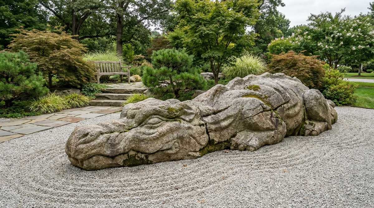 A large horizontal boulder representing a sleeping dragon or mountain spirit in a zen garden, with undulating surfaces and textured variations, placed low to the ground and buried only at the bottom third to showcase its sculptural form, positioned parallel to the main viewing perspective to enhance its grounding energy and serve as a meditation focal point.