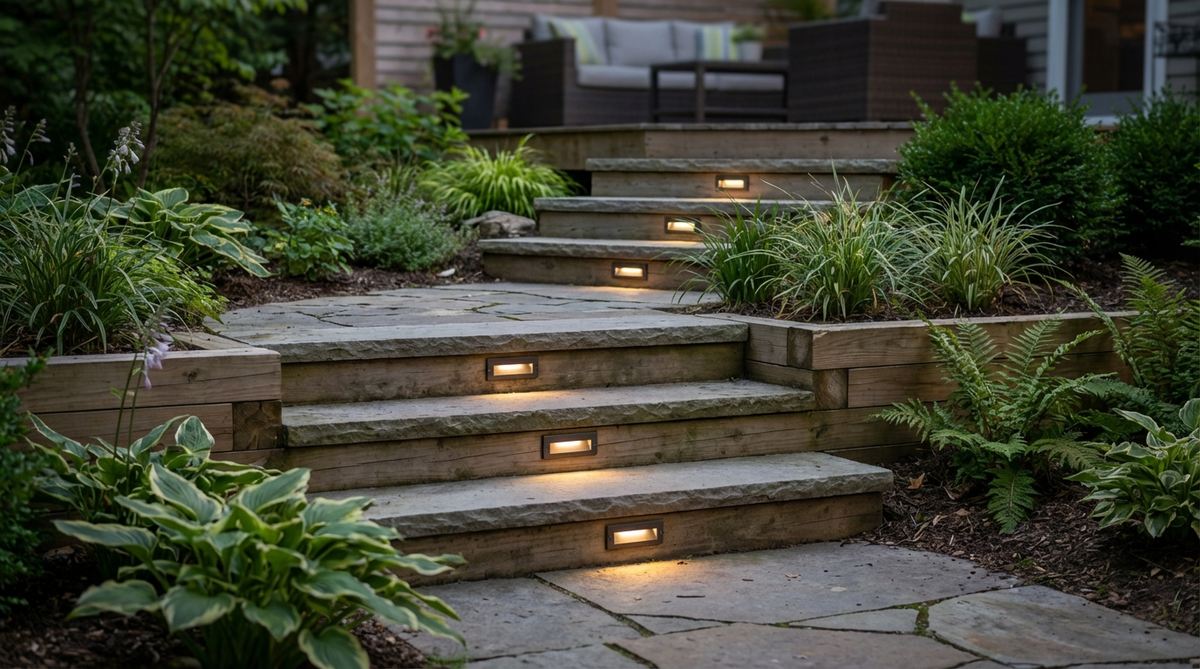 Low-profile solar deck step lights mounted flush to outdoor stair risers, providing safe downward illumination for nighttime navigation without creating tripping hazards.