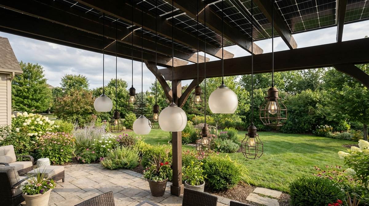 A grouping of solar-powered pendant lights hanging in a garden setting, showcasing installation flexibility without electrical work. The pendants are clustered at varying drop lengths to create visual hierarchy, with contemporary globe designs for modern aesthetics and vintage cage styles for farmhouse or industrial themes, positioned under a shaded pergola with solar panels in direct sunlight.