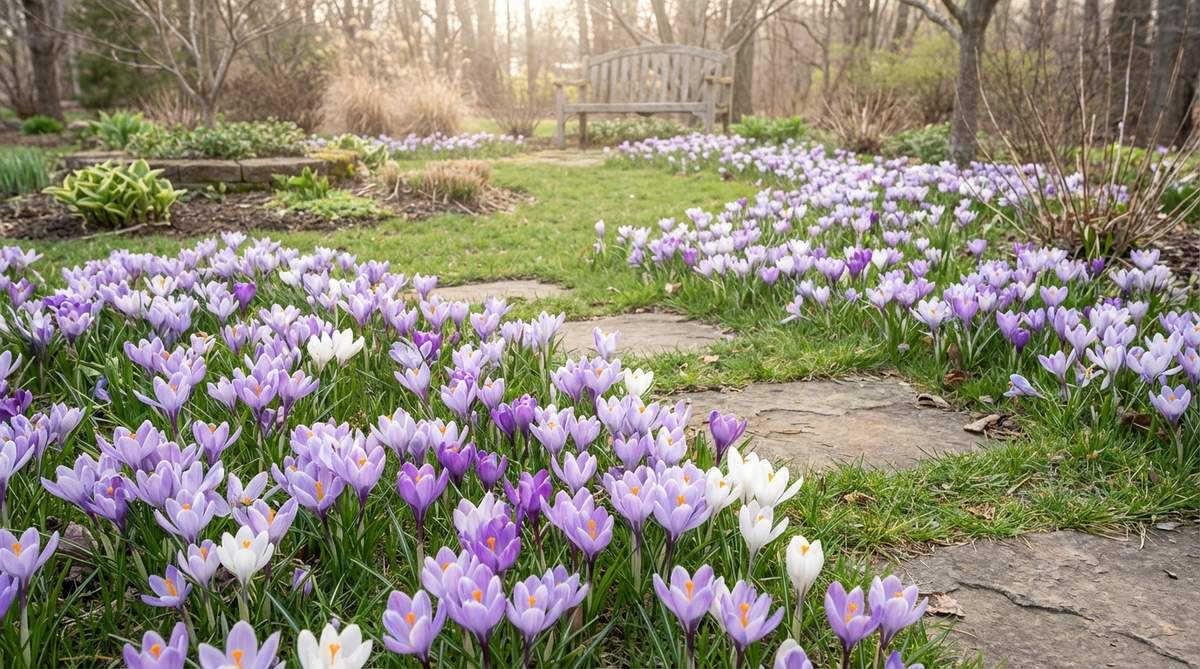 A close-up photo of species crocus flowers blooming in a garden, showing their compact lavender, purple, and white petals. The image captures these early spring bulbs naturalizing in grass, creating a vibrant purple carpet effect before lawn mowing season begins.