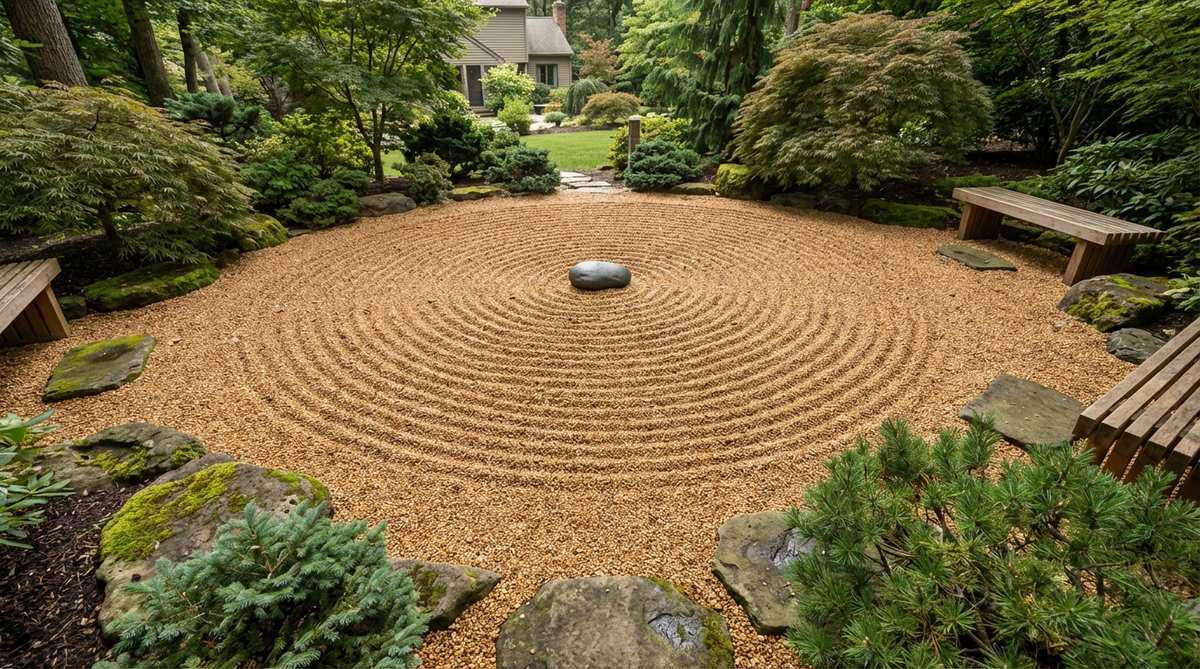 A continuous spiral pattern raked in sand or gravel, emanating from a center point in a Zen garden. The design represents energy, transformation, and the cyclical nature of existence, with the tightening coil drawing attention inward toward a meditation focal point. The pattern demonstrates smooth transitions between rotations, created by raking from the outer perimeter inward with gradually decreasing circles.