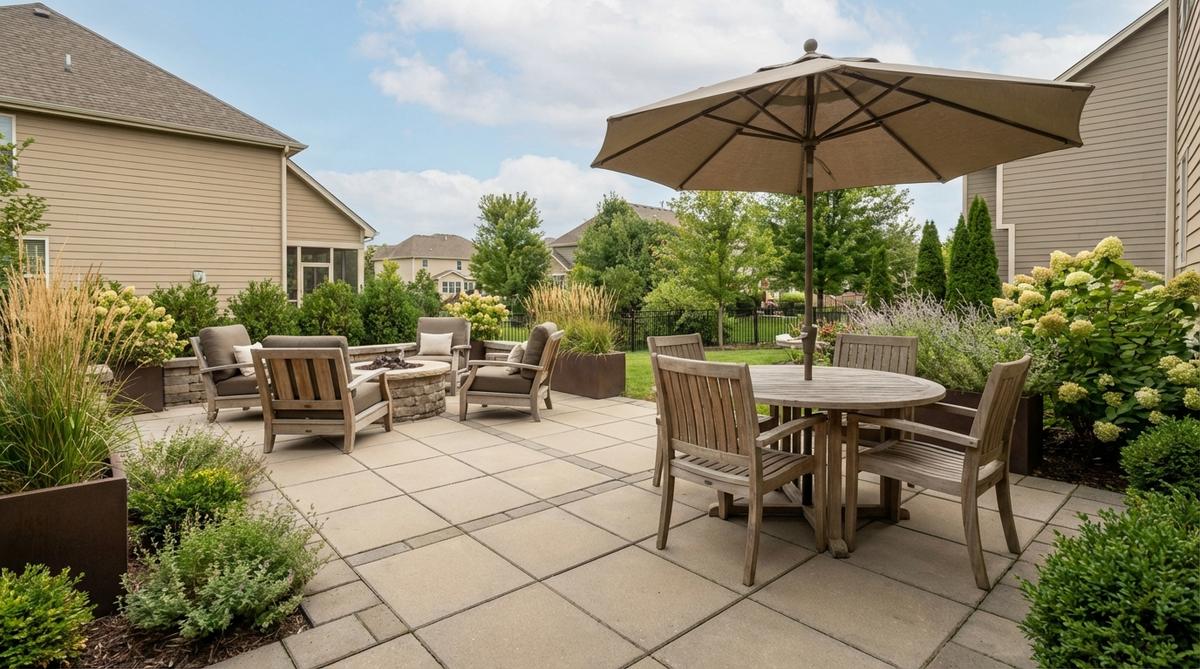 A small garden patio featuring square pavers arranged in a clean stack bond grid pattern, with straight rows and columns creating perpendicular joints that serve as a neutral backdrop for outdoor furniture and plantings.