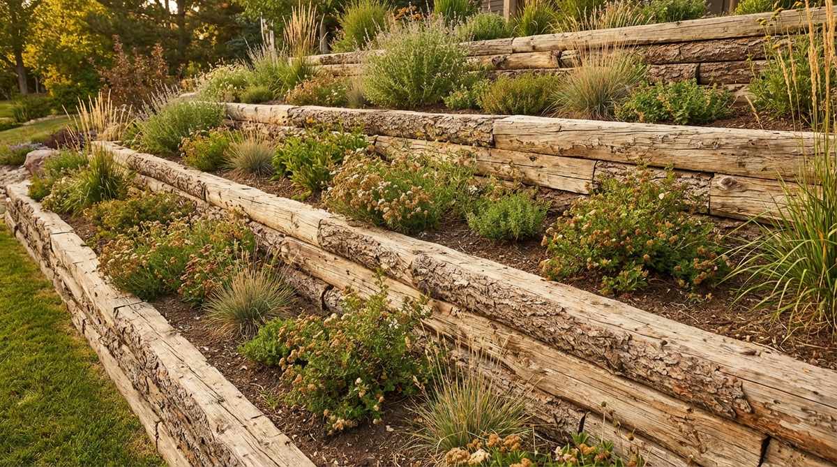 A rustic garden bed with stacked horizontal logs, showcasing natural bark texture and providing erosion control on slopes, ideal for terraced planting areas.