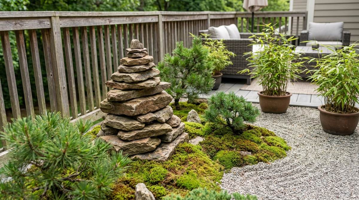 A small cairn made of flat stones stacked vertically to represent distant mountain ranges in a Japanese balcony garden. The structure is under 24 inches tall to maintain proper scale proportions. The stones feature weathered surfaces with imperfect textures rather than polished finishes, adding authenticity and visual interest when viewed up close.