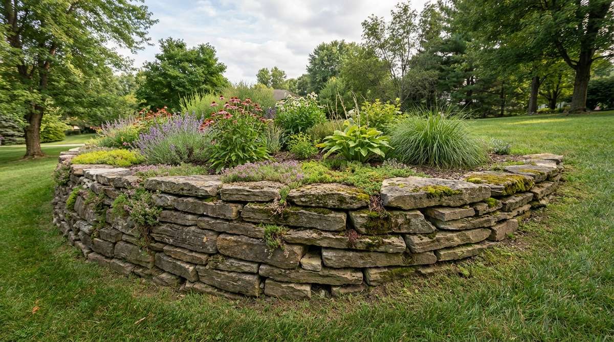 A low retaining wall built from dry-stacked flat fieldstones, elevating a planting bed 12-18 inches above grade in a sloped yard. The stones are tilted slightly back into the slope for stability, with soil-filled joints planted with creeping groundcovers. Limestone and sandstone materials show natural weathering, moss, and patina, enhancing a cottage garden aesthetic.