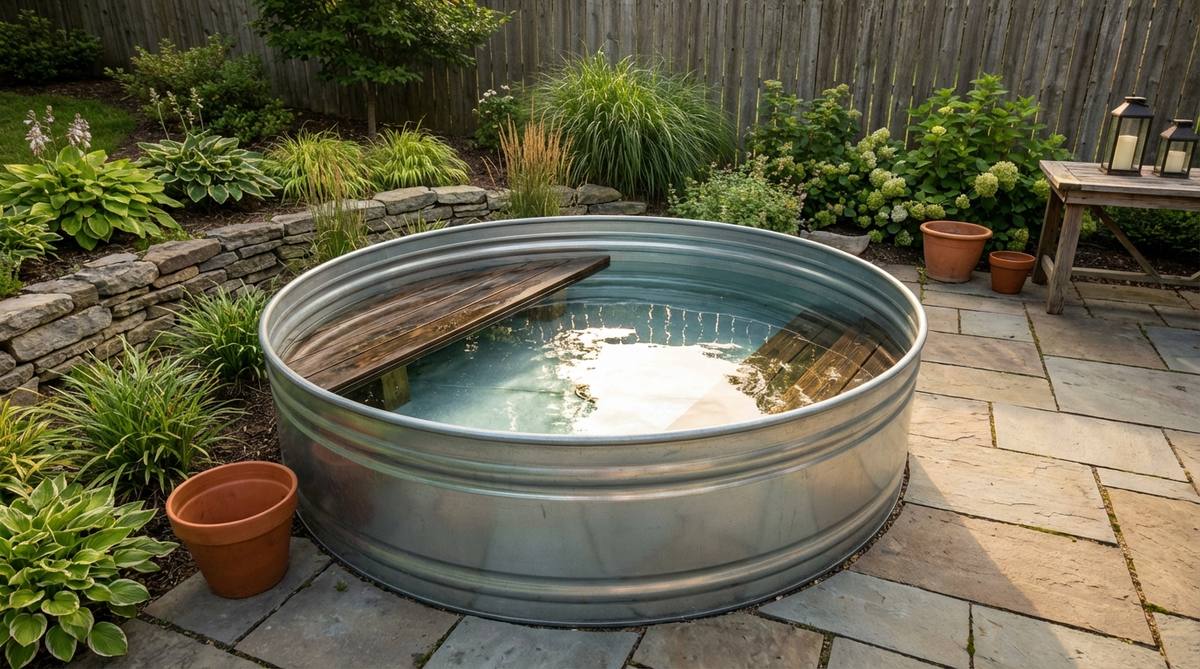 A small garden pool featuring a stock tank with custom-built submerged bench seating made from pressure-treated lumber, designed for comfortable social gatherings with seating for up to four adults.