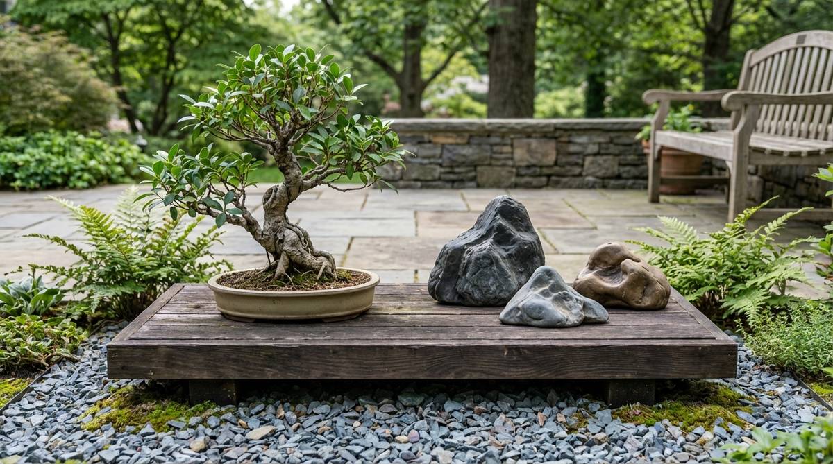 A serene composition featuring a Ficus retusa bonsai arranged with three suiseki viewing stones on a shared platform. The stones' organic forms mirror the tree's aerial roots, creating a harmonious visual dialogue. Positioned in an asymmetrical triangle following Japanese odd-number principles, with the largest stone to the bonsai's right. The color palette complements the bonsai container, using cool grays or warm browns, within an 18-inch linear display space.