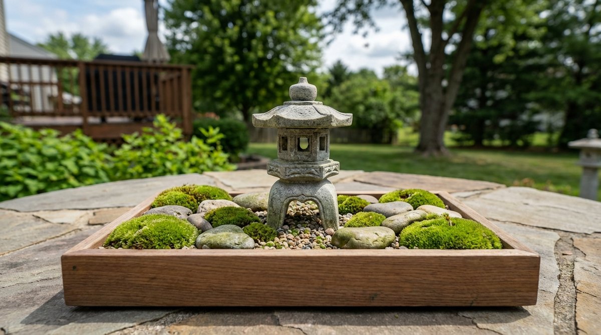 A miniature tōrō lantern carved from soapstone anchors a 12x6-inch garden bed in a mini zen garden. Moss-covered pebbles surround the lantern, representing centuries-old temple grounds. The vibrant green moss symbolizes renewal and requires only weekly misting, making this design ideal for those seeking living plant elements with minimal care requirements.