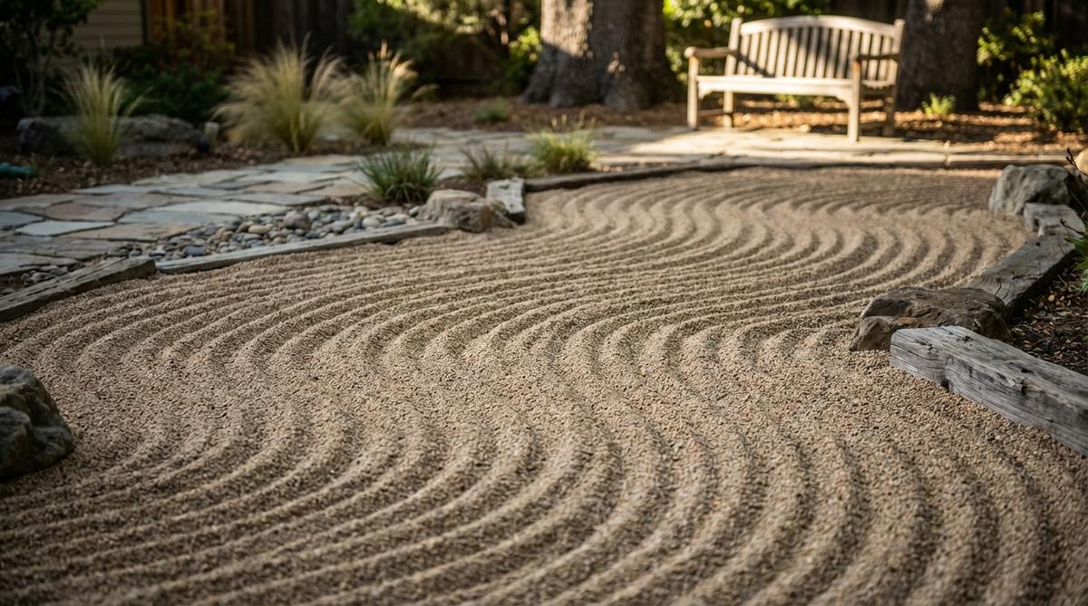 A detailed view of a traditional Japanese zen garden sand pattern showing the Stream Current (Nagareru-mon) design. The image features parallel lines and gentle curves raked into fine sand, creating the illusion of water flowing with purpose in a single direction. The pattern demonstrates consistent spacing with varied line lengths to suggest depth changes in the water channel, positioned perpendicular to the viewing angle to maximize the visual effect of directional movement.