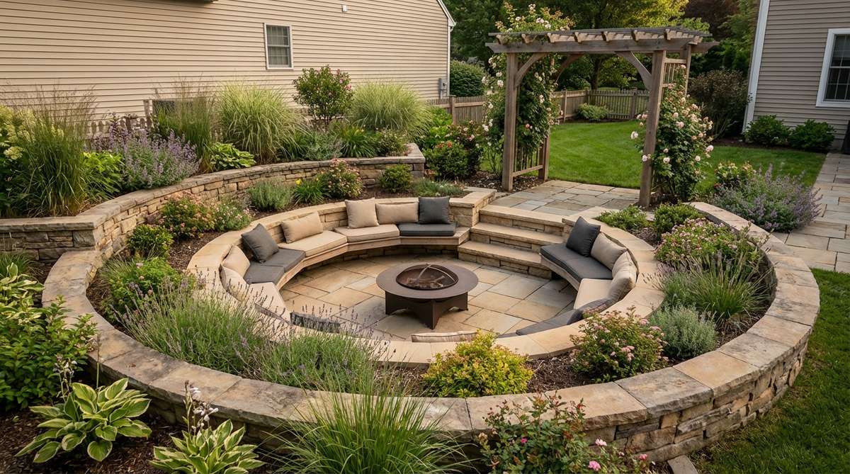 A small garden featuring a sunken conversation pit with built-in benches, excavated 12 to 18 inches below grade, surrounded by raised planting beds to enhance the architectural dimension and intimate gathering space.