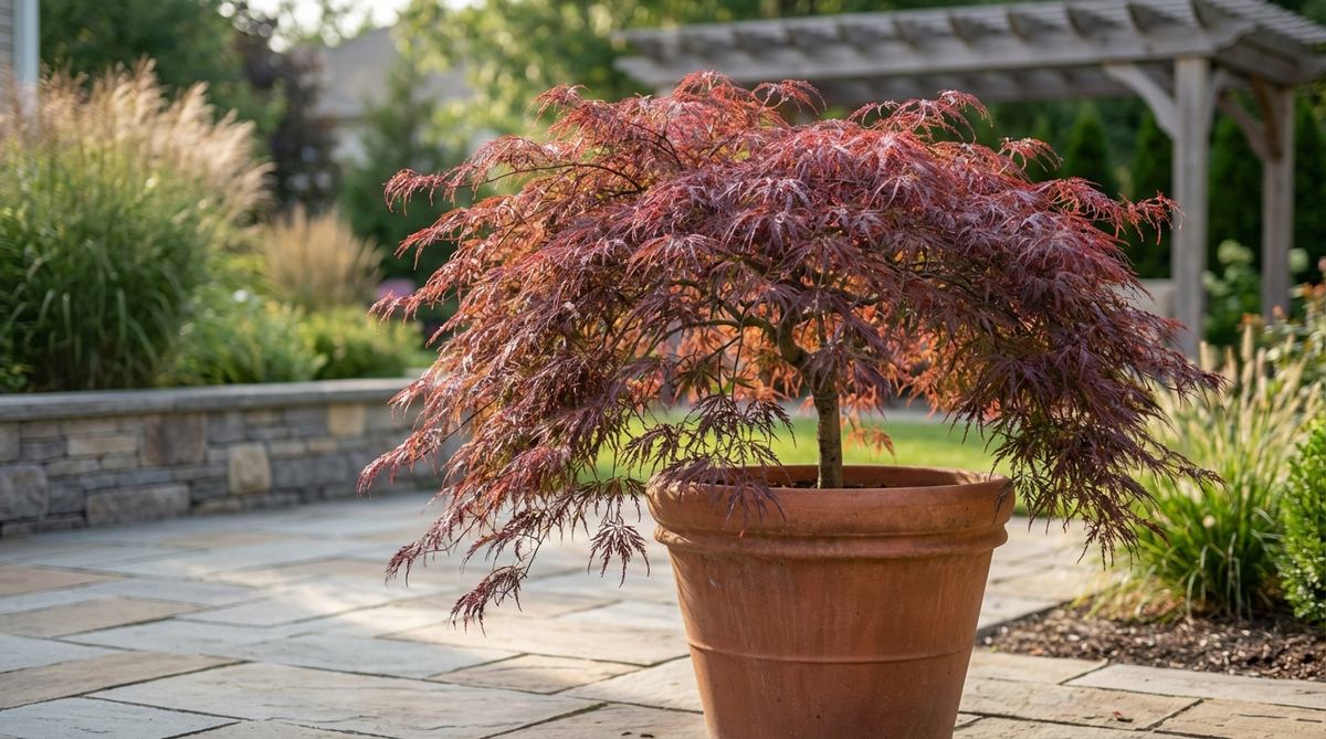 A close-up photograph of a Tamukeyama Japanese maple tree, showcasing its finely dissected red-purple leaves and graceful weeping branches. The image highlights the compact growth habit suitable for containers and small gardens, with the vibrant foliage color that persists through autumn.