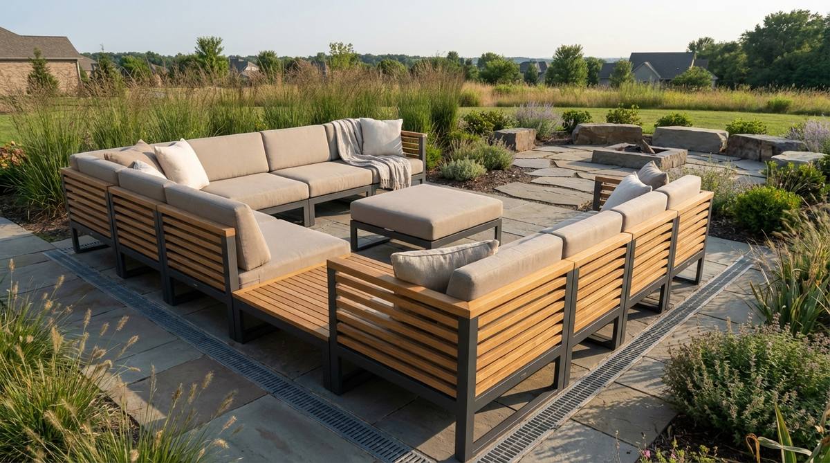 A modern garden sectional featuring FSC-certified teak slats on aluminum frames, designed for durability and minimalism with modular ottomans and built-in drainage.