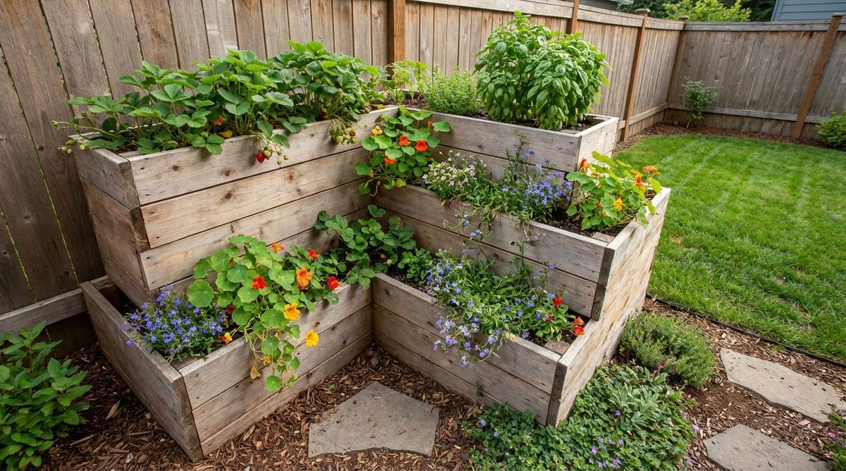 A three-level wooden tiered corner veggie tower in a small garden, featuring stacked L-shaped boxes with strawberries, basil, and trailing flowers. The vertical design maximizes space, drawing the eye upward to create a taller, more generous feel. Ideal for turning tight corners into productive and decorative raised bed showpieces.