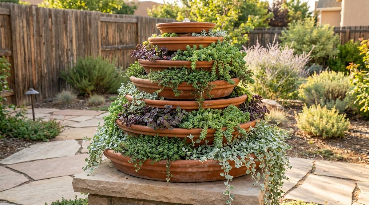 A vertical garden feature made by stacking graduated terracotta saucers to create a fountain-style planter, cascading with trailing plants like sedums and thyme, maximizing space and providing a soothing visual without plumbing.