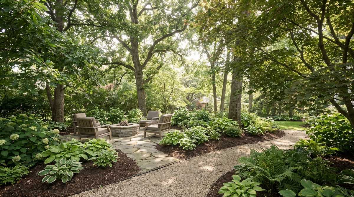 A serene garden scene featuring a cozy seating area positioned beneath the natural canopy of mature trees, such as oaks, maples, or magnolias, providing instant shade and a sense of protection. The area is surrounded by a mulched bed to prevent soil compaction and adorned with shade-tolerant hostas and ferns, creating a complete and inviting enclosure.
